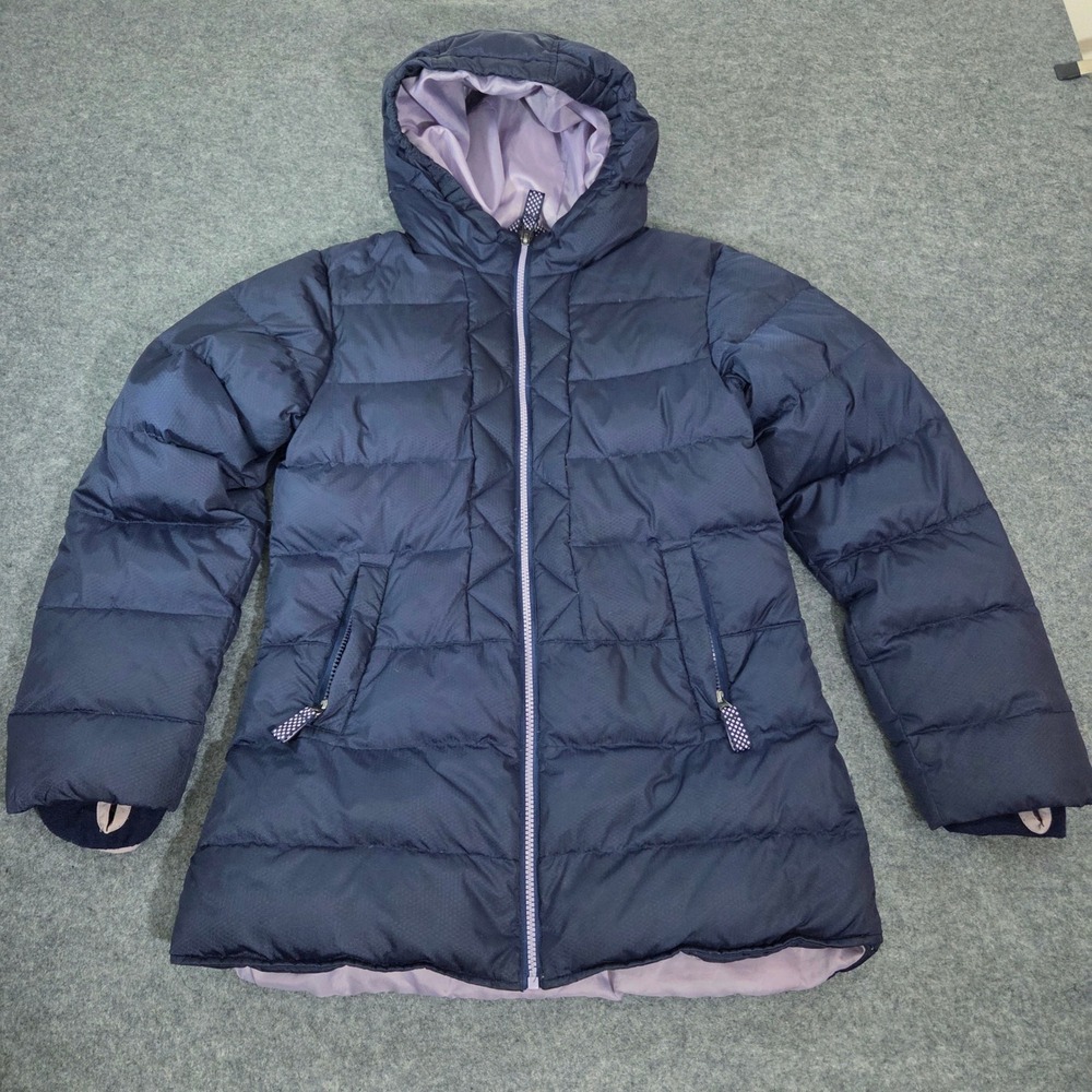 Lands End Girls Size 14 Down Puffer Coat Navy Blue Hooded Winter Jacket